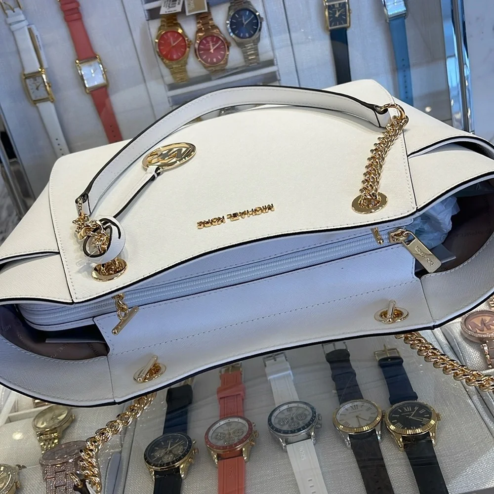 Michael Kors Jet Set Travel Lg Saffiano Leather Chain Shoulder Tote Optic White